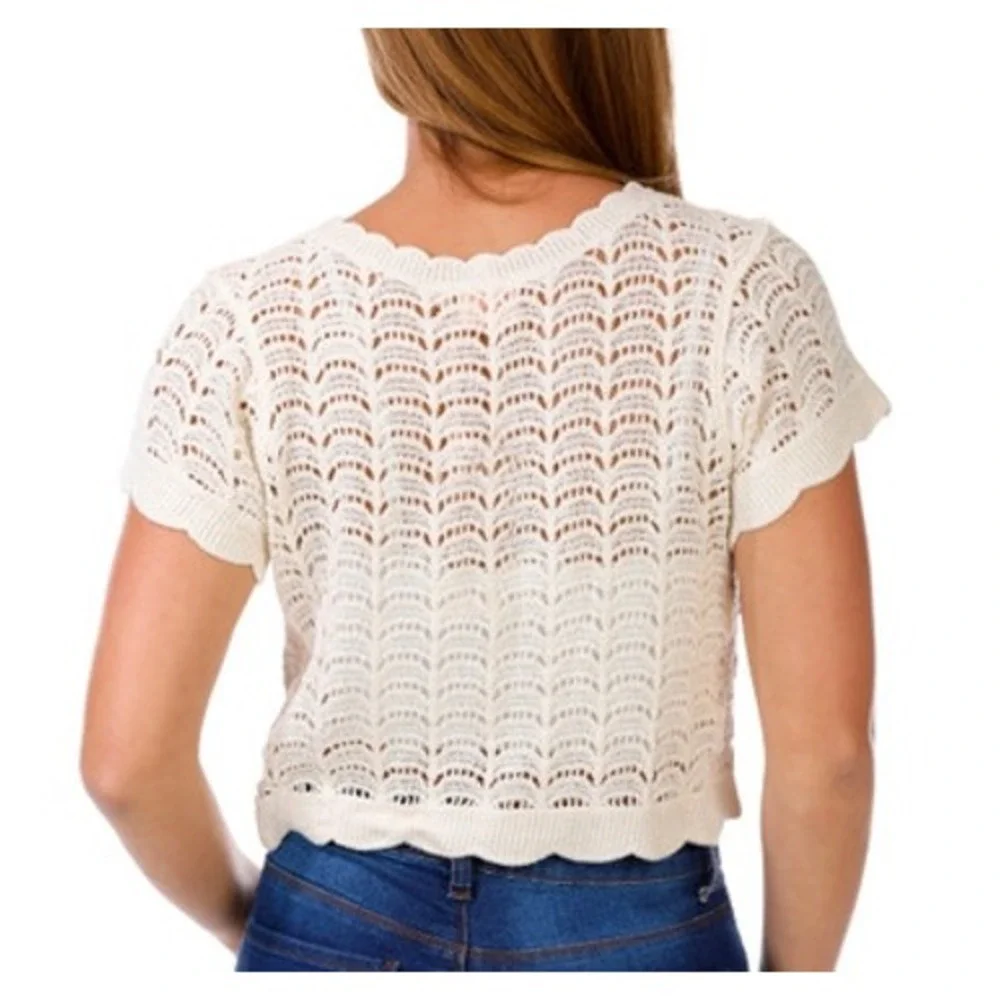 Good Luck Gem Crochet Cardigan Medium Cream Pointelle Cotton Knit Top Cottage